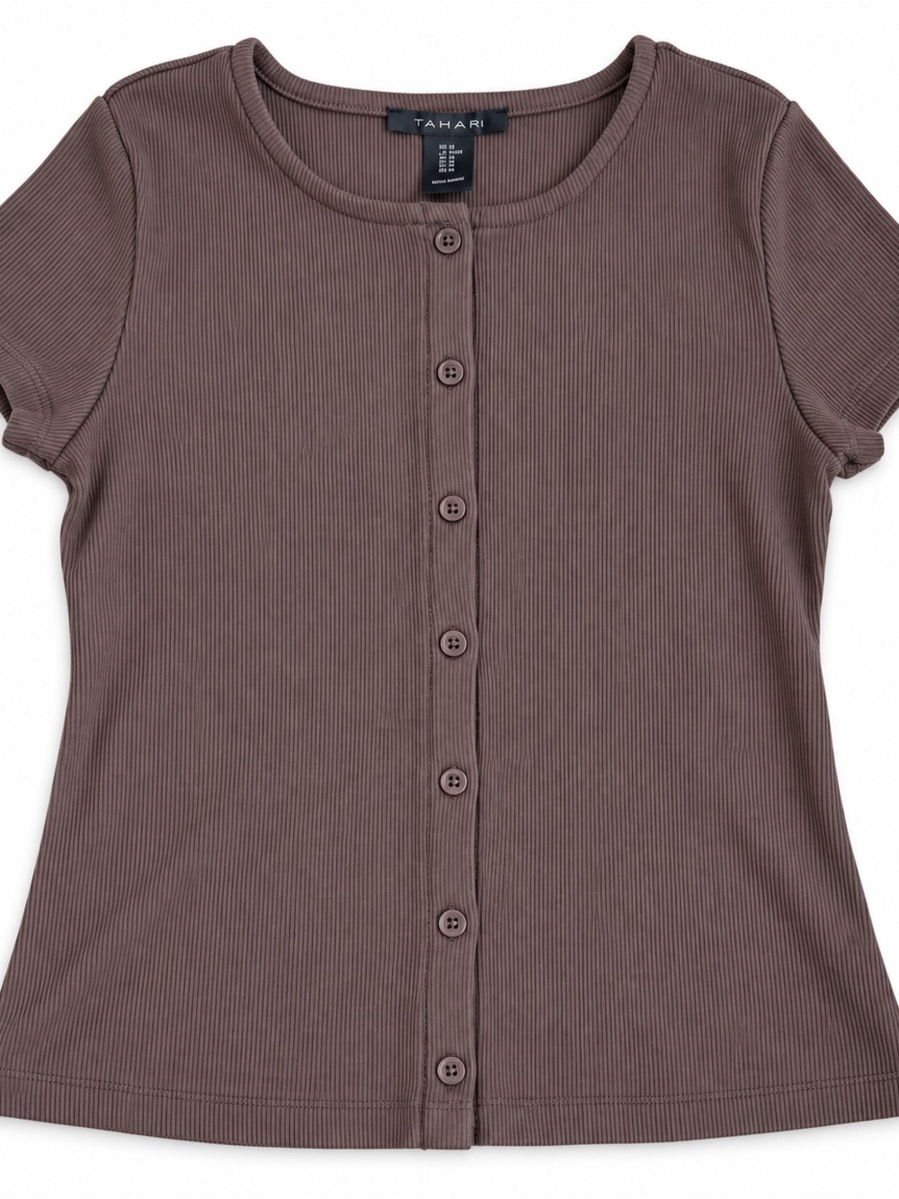 Tahari Button-Front Ribbed Tee in Mauve Brown